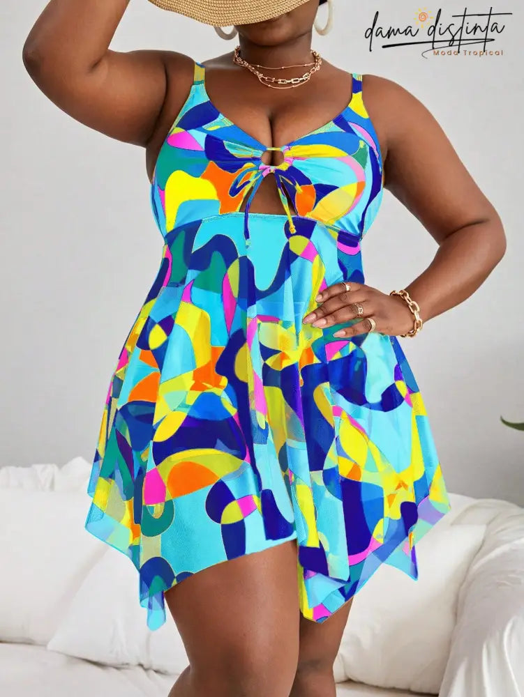Tankini Feminino Com Decote Vazado Amarração Na Frente Paulla. Plus Size Multicolorido-3 / Gg