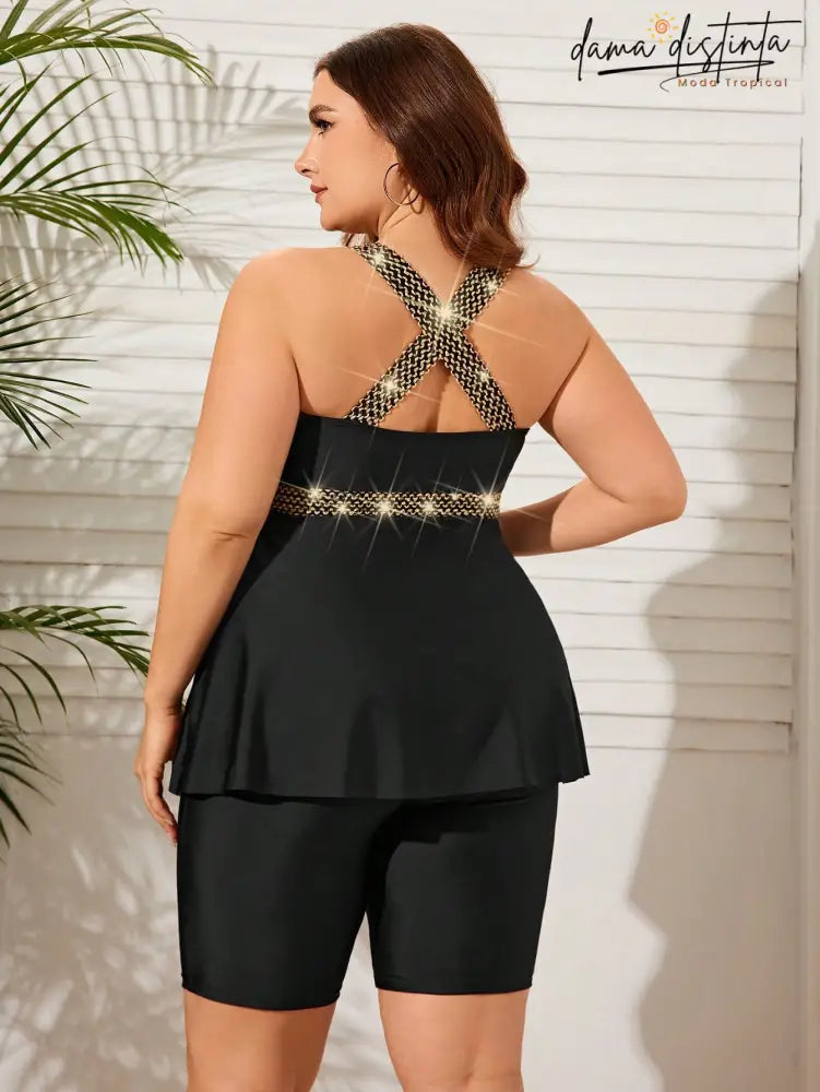 Tankini Feminino Detalhes Em Dourado E Alças Cruzadas Nas Costas Julia. Plus Size T029 Vestidos De