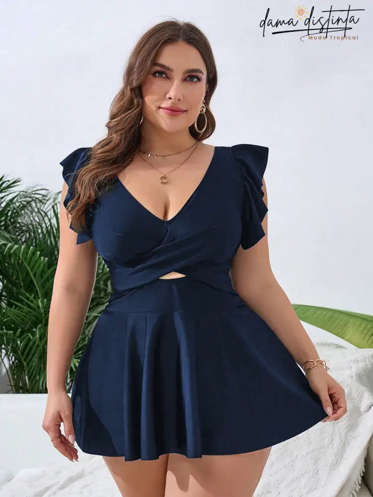 Tankinin Feminino Vazado Plissado Torcido Decote V Pequeno Jade. Plus Size T0210608 Vestidos De