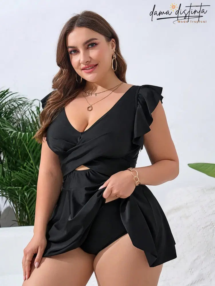 Tankinin feminino Vazado, Plissado, Torcido Decote V Pequeno Jade. Plus Size