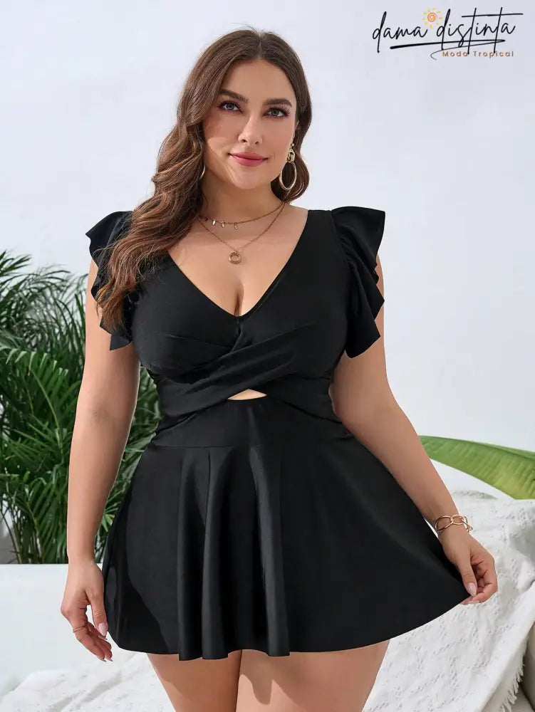 Tankinin Feminino Vazado Plissado Torcido Decote V Pequeno Jade. Plus Size T0210608 Vestidos De