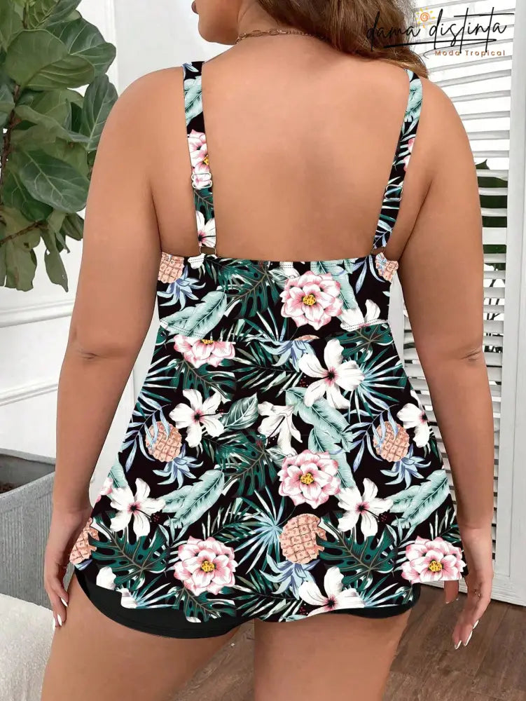 Tankinis Feminino Decote V Pequeno Estampa Tropical Miranda. Plus Size