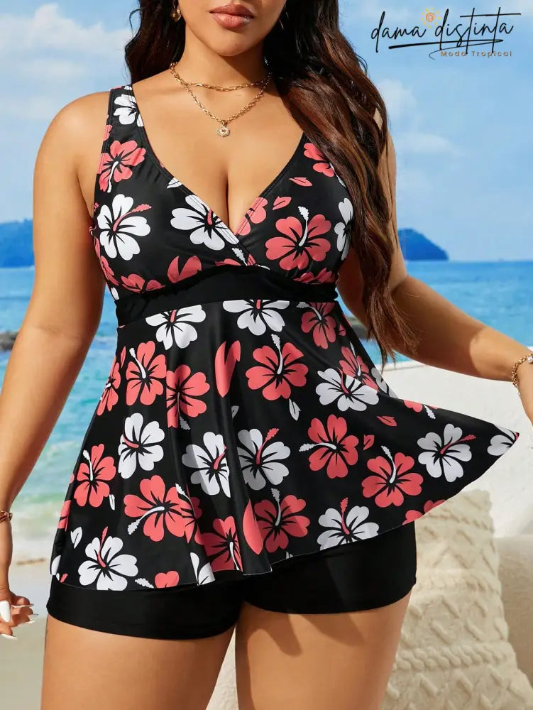 Tankinis Feminino Decote V Pequeno Estampa Tropical Miranda. Plus Size