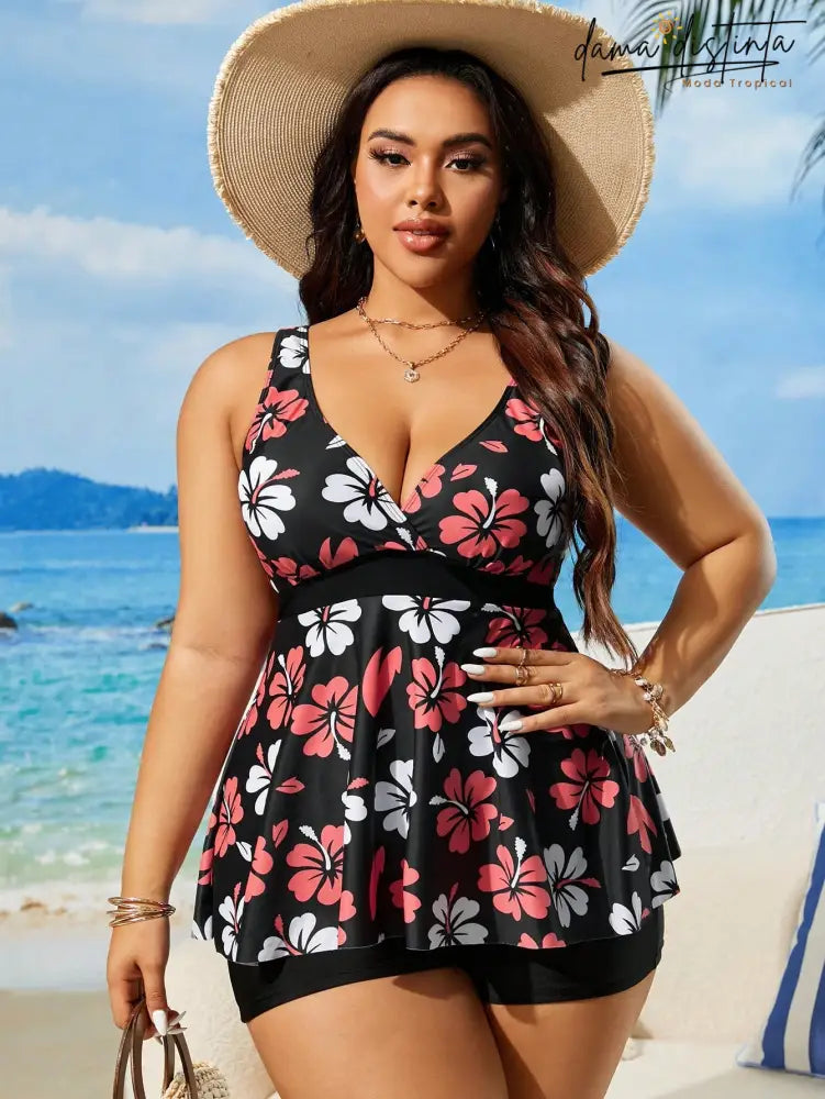 Tankinis Feminino Decote V Pequeno Estampa Tropical Miranda. Plus Size