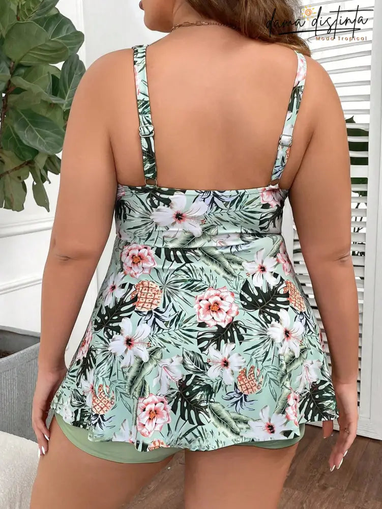 Tankinis Feminino Decote V Pequeno Estampa Tropical Miranda. Plus Size
