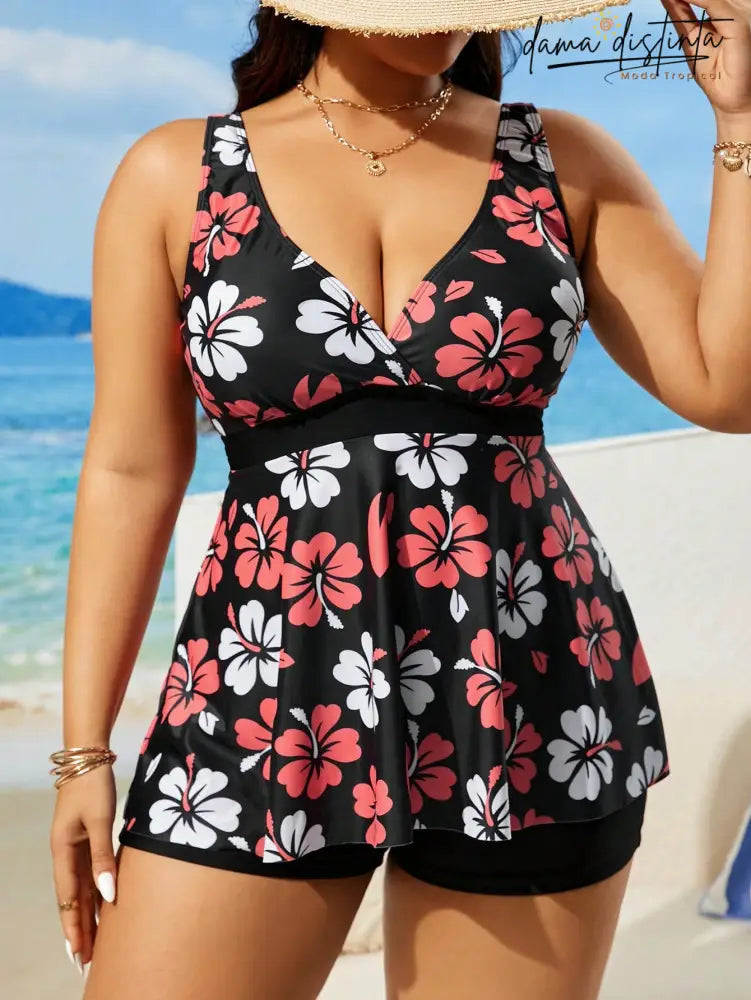 Tankinis Feminino Decote V Pequeno Estampa Tropical Miranda. Plus Size Preto-2 / Gg(42-46)