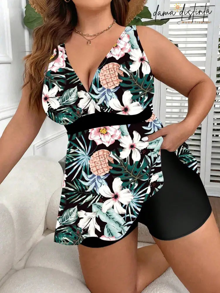 Tankinis Feminino Decote V Pequeno Estampa Tropical Miranda. Plus Size Preto / Gg(42-46)