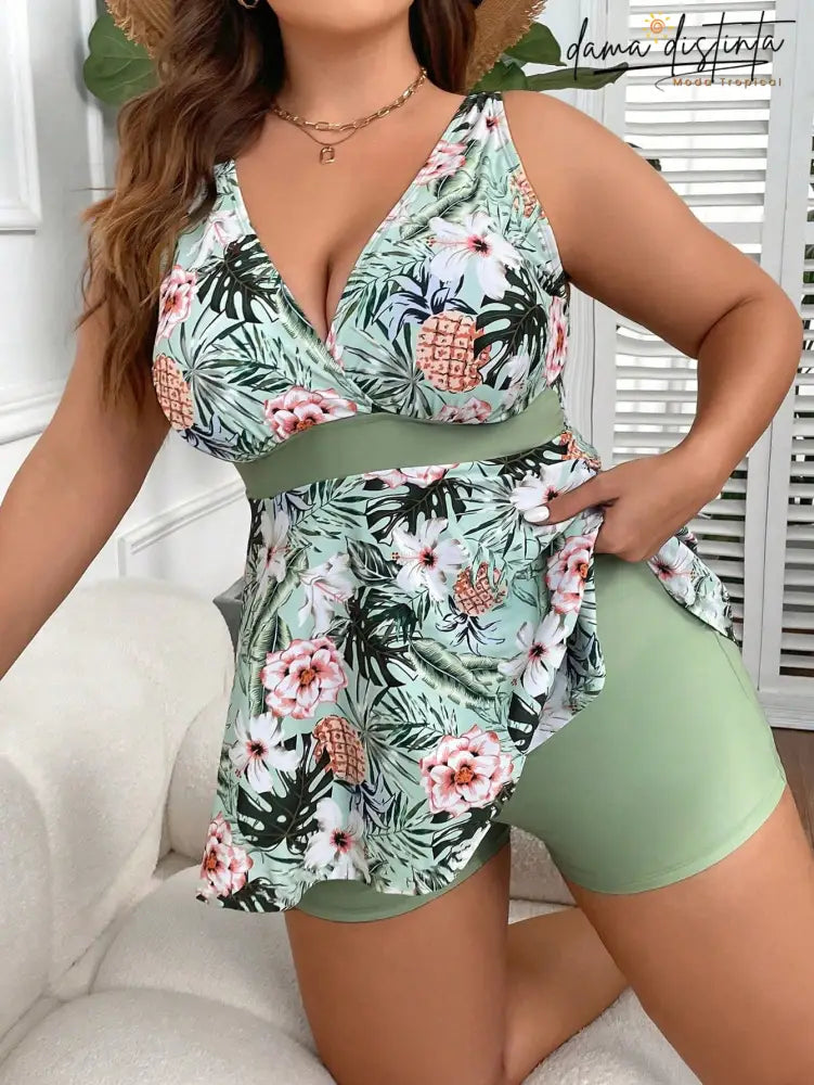 Tankinis Feminino Decote V Pequeno Estampa Tropical Miranda. Plus Size Verde Menta / Gg(42-46)