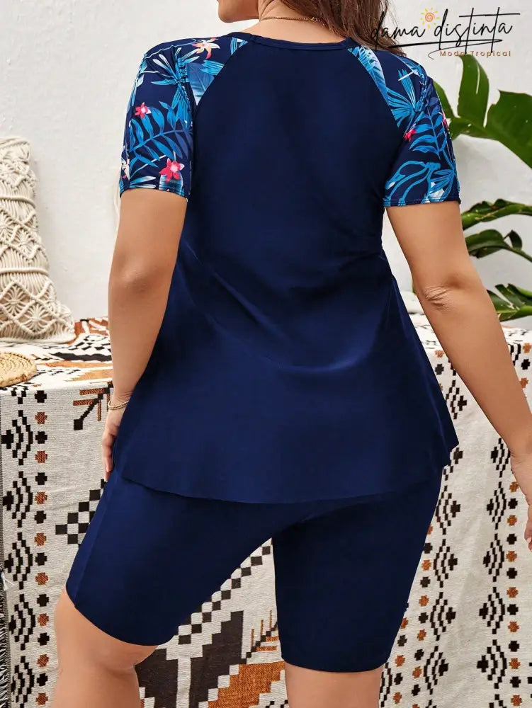 Tanquíni De Manga Curta Com Estampa Tropical Mai. Plus Size C022 Body Natação